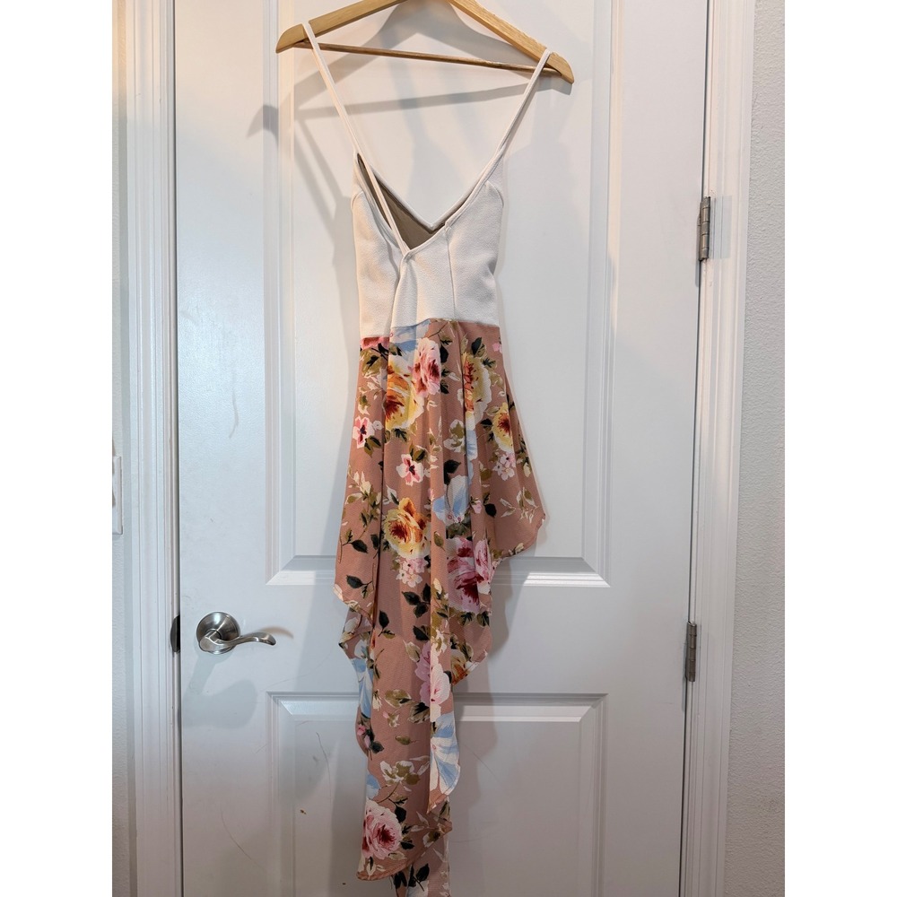 Floral High-Low Romper Maxi Dress White Pink V-Neck Cross Back Summer Event